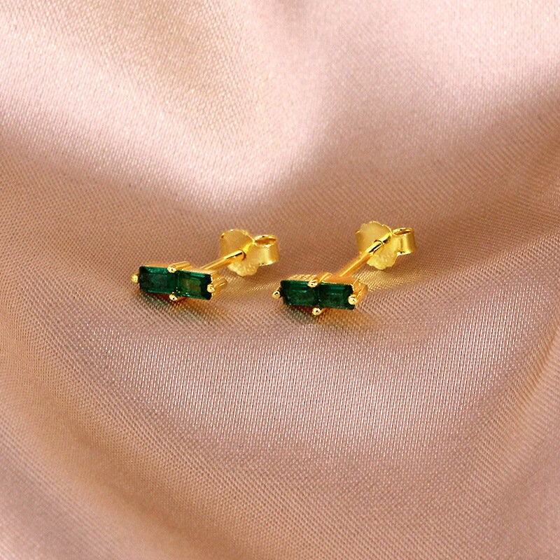 Rectangle Emerald CZ Stud Earrings, Tiny Emerald Earrings, Green CZ Gold Earrings, Helix/Tragus Earrings, Minimalist Emerald Studs, GE159