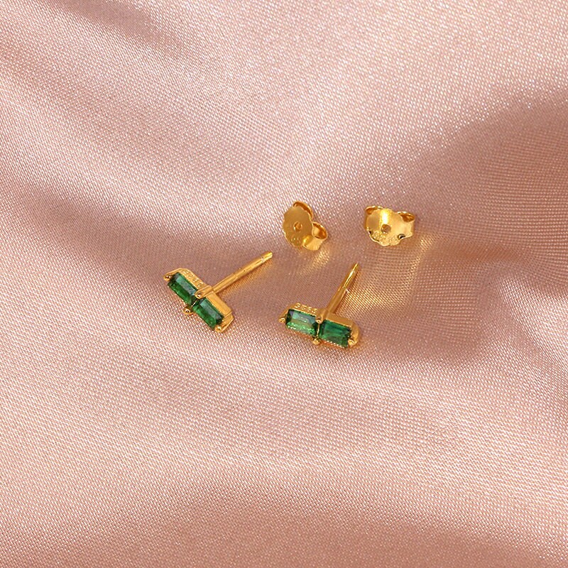 Rectangle Emerald CZ Stud Earrings, Tiny Emerald Earrings, Green CZ Gold Earrings, Helix/Tragus Earrings, Minimalist Emerald Studs, GE159
