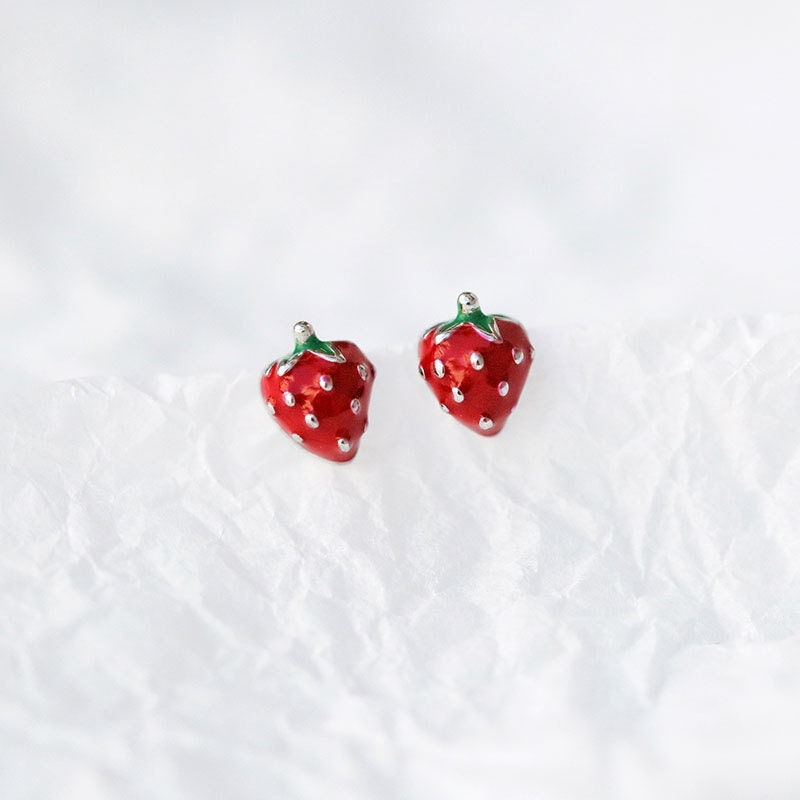 Sterling Silver Strawberry Earrings, Tiny Strawberry Studs, Fruit Earrings, Fruit Jewelry, Minimalist Earrings, Gift for her, GE171