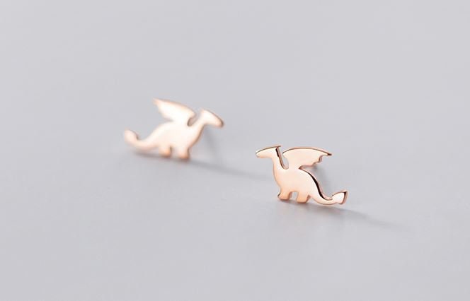 S925 Silver Flying Dragon Stud Earrings, Rose Gold Dinosaur Earrings, Dinosaur Earring, Minimalist Animal Earring, Gift for her, GE170
