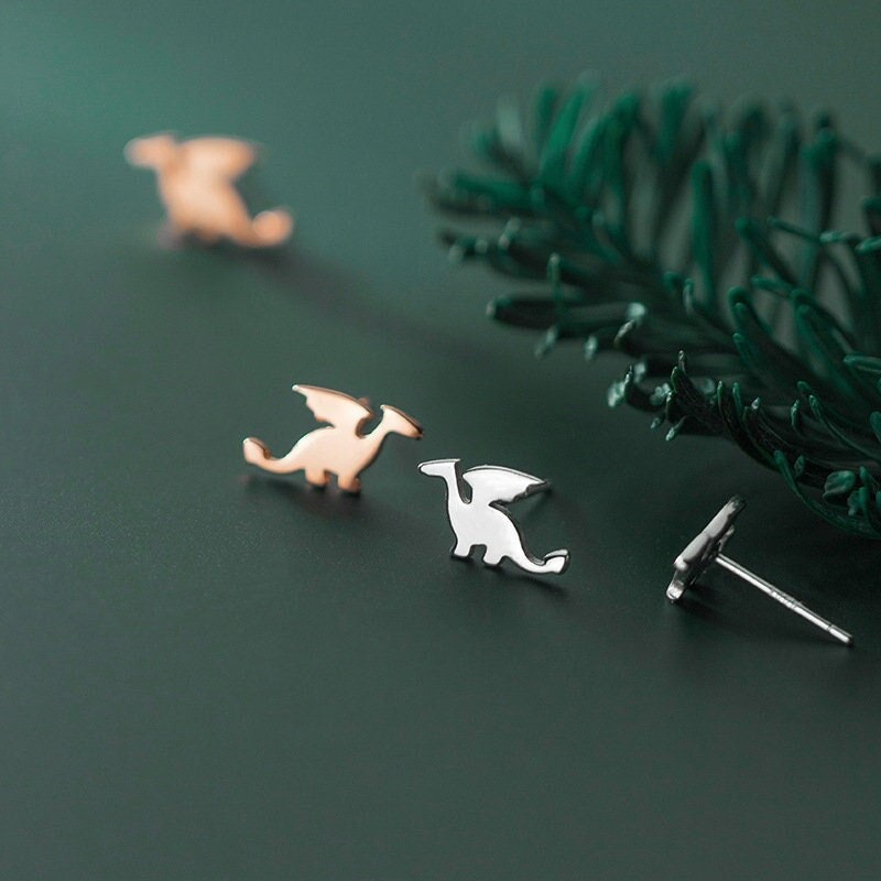 S925 Silver Flying Dragon Stud Earrings, Rose Gold Dinosaur Earrings, Dinosaur Earring, Minimalist Animal Earring, Gift for her, GE170