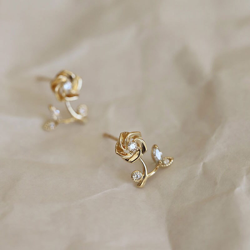 Gold Vermeil Rose Stud Earrings, Dainty CZ Rose Earrings, Branch Rose Earring, Natural Plant Earring, Minimalist Earring, Gift for her GE187