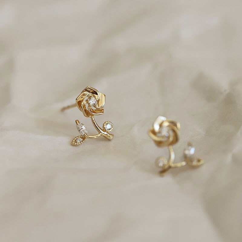 Gold Vermeil Rose Stud Earrings, Dainty CZ Rose Earrings, Branch Rose Earring, Natural Plant Earring, Minimalist Earring, Gift for her GE187