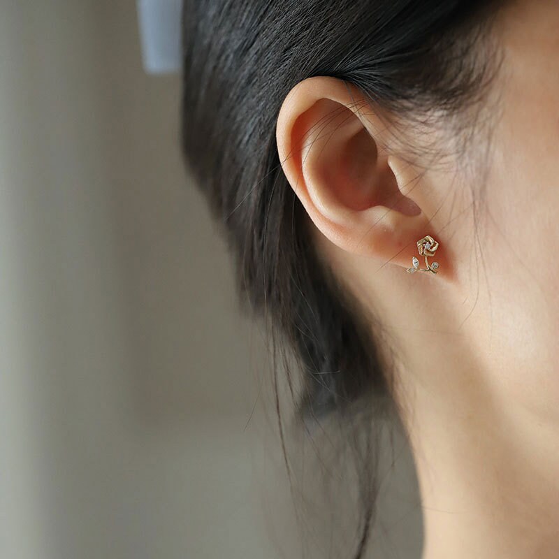Gold Vermeil Rose Stud Earrings, Dainty CZ Rose Earrings, Branch Rose Earring, Natural Plant Earring, Minimalist Earring, Gift for her GE187