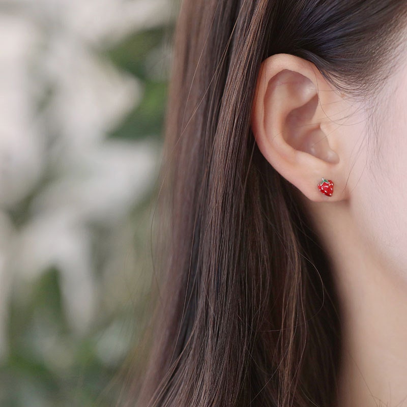 Sterling Silver Strawberry Earrings, Tiny Strawberry Studs, Fruit Earrings, Fruit Jewelry, Minimalist Earrings, Gift for her, GE171