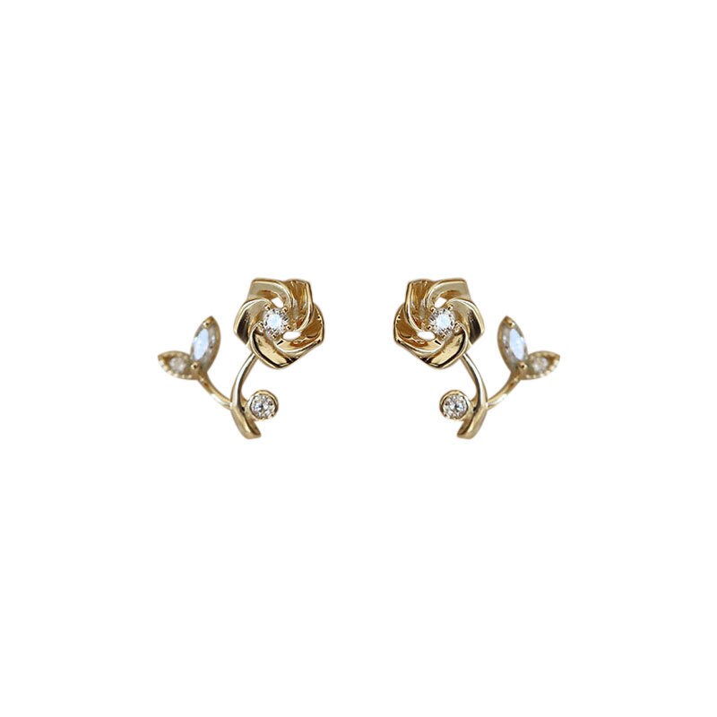 Gold Vermeil Rose Stud Earrings, Dainty CZ Rose Earrings, Branch Rose Earring, Natural Plant Earring, Minimalist Earring, Gift for her GE187