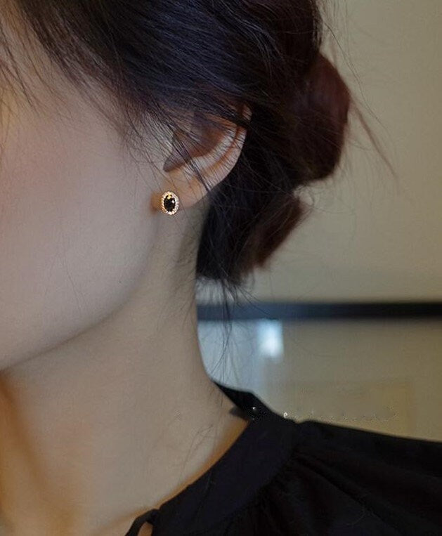 14k Rose Gold Vermeil Oval Black Onyx Stud Earrings, Dainty CZ Onyx Earrings, Minimalist Black Onyx Studs, Bridal Gift, Gift for her, GE203