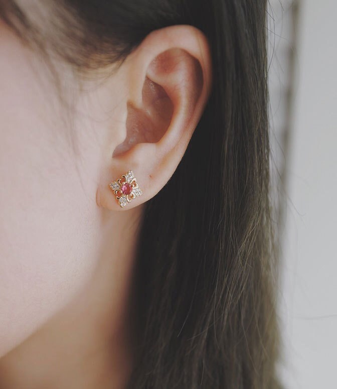 Gold Vermeil Vintage Ruby Stud Earrings, Gold Ruby CZ Earrings, Dainty CZ paving Ruby Earrings, Minimalist Earring, Gift for her GE209