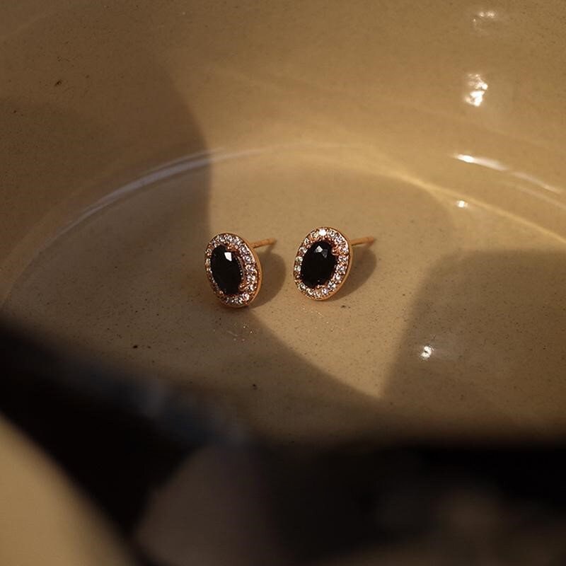 14k Rose Gold Vermeil Oval Black Onyx Stud Earrings, Dainty CZ Onyx Earrings, Minimalist Black Onyx Studs, Bridal Gift, Gift for her, GE203