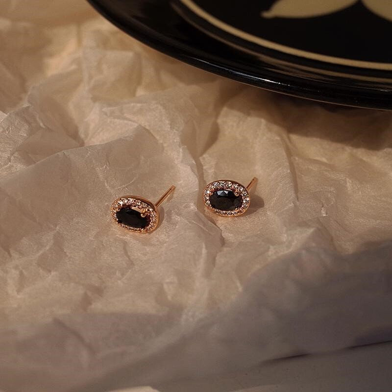 14k Rose Gold Vermeil Oval Black Onyx Stud Earrings, Dainty CZ Onyx Earrings, Minimalist Black Onyx Studs, Bridal Gift, Gift for her, GE203