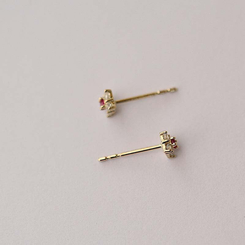9k Solid Gold Ruby CZ Flower Earrings, Solid Gold Flower Studs, Tiny Gold Studs, Timeless solid gold earrings, Perfect Gift for her, GKE09