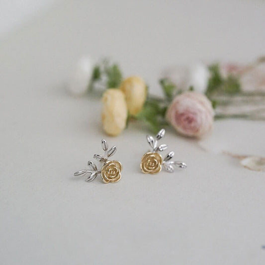 Rose stud earrings​ | Curved leaf stud earring​ | Rose Leaf Earrings