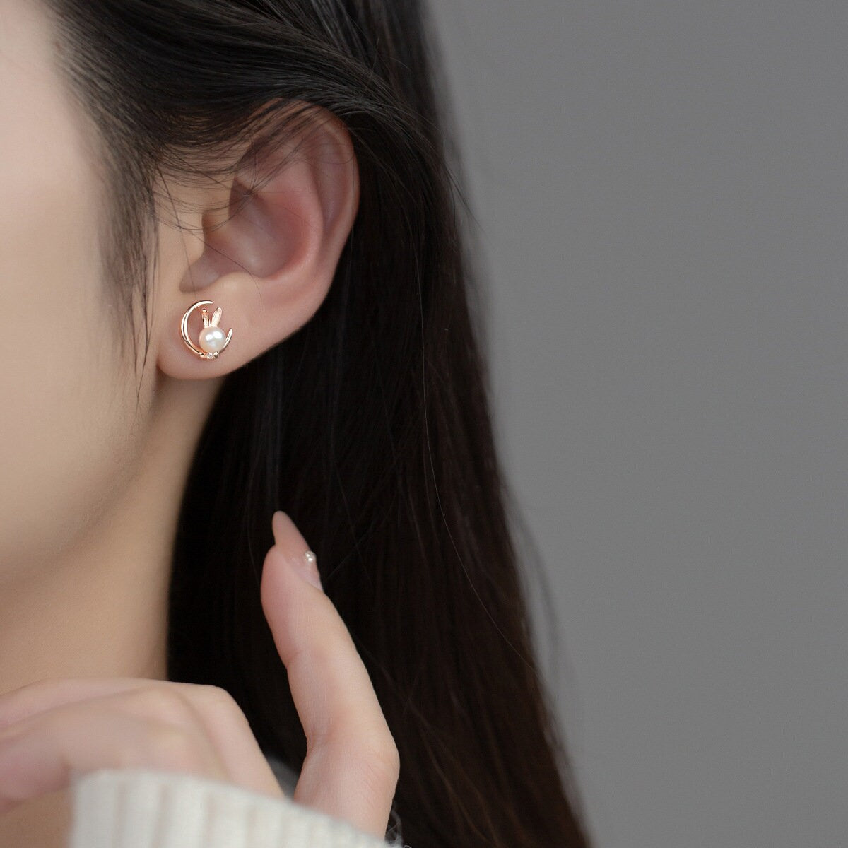 Rose Gold Bunny Stud Earrings, Crescent Moon Bunny Studs, Dainty Rabbit Earrings, Minimalist Bunny Earring, Gift for her, GE226