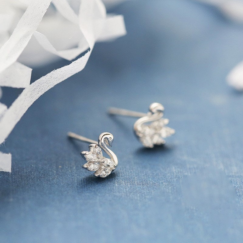 S925 Silver CZ Swan Earrings, Dainty Small Swan Studs, Delicate Crystal Swan Earring, Minimalist Earring, Gift for her, GE230