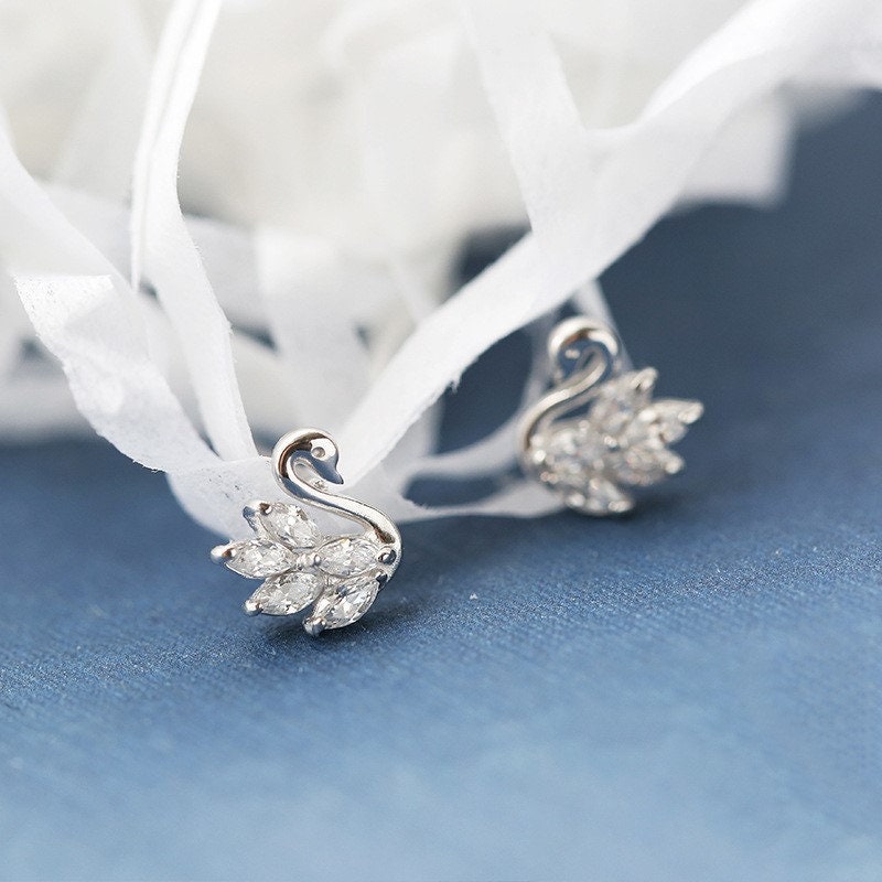 S925 Silver CZ Swan Earrings, Dainty Small Swan Studs, Delicate Crystal Swan Earring, Minimalist Earring, Gift for her, GE230