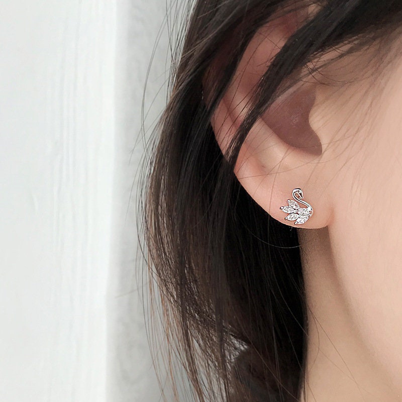 S925 Silver CZ Swan Earrings, Dainty Small Swan Studs, Delicate Crystal Swan Earring, Minimalist Earring, Gift for her, GE230