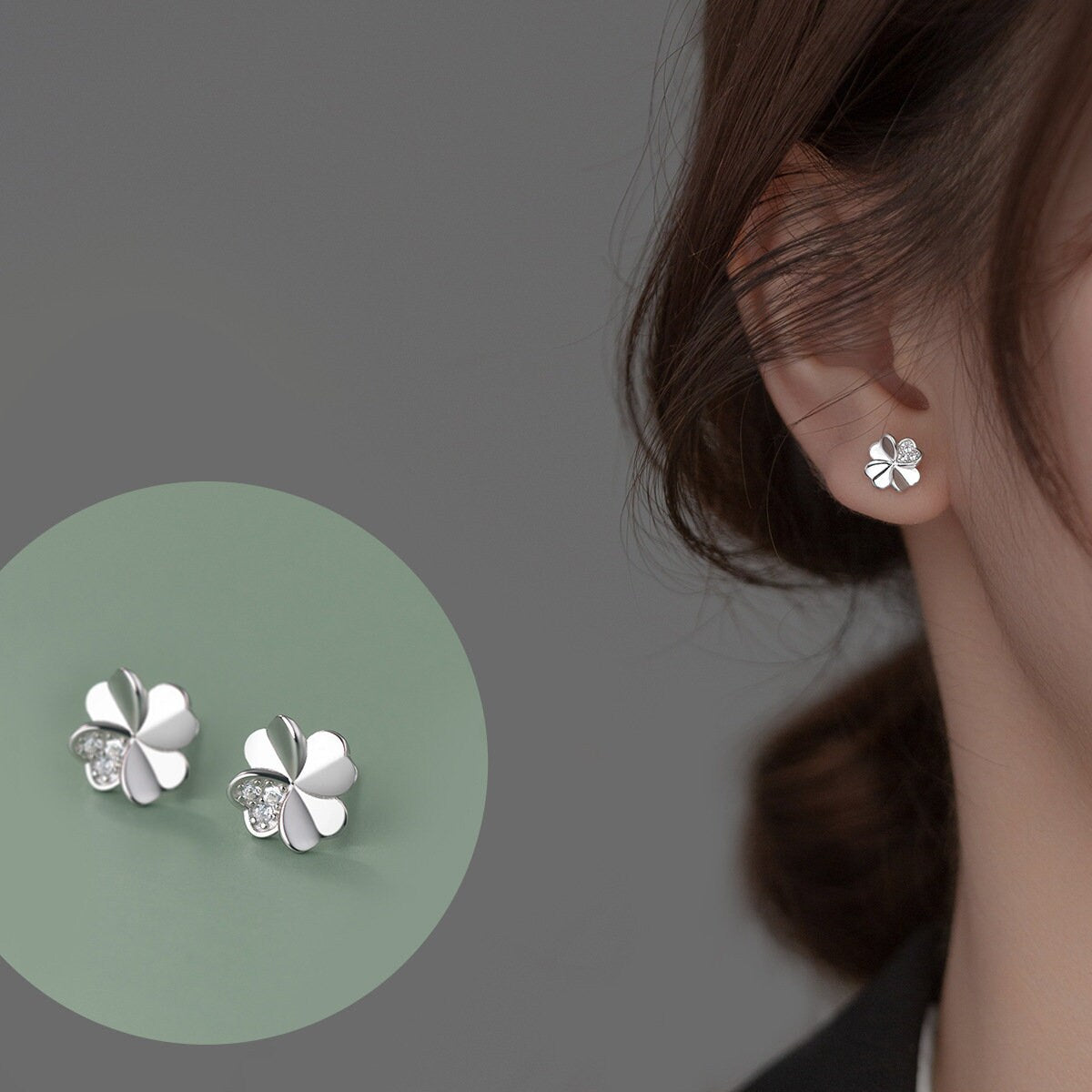 Silver Four Leaf Clover Earrings, S925 Silver Lucky Flower Stud Earrings, Sparkly CZ Flower Earrings, Natural Earring, Gift for her, GE232