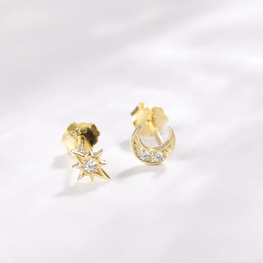 Small Starburst & Moon Asymmetrical Studs, Celestial Mismatched Gold Vermeil Earrings, Minimalist Star and Moon Studs, Gift for Her, GE305