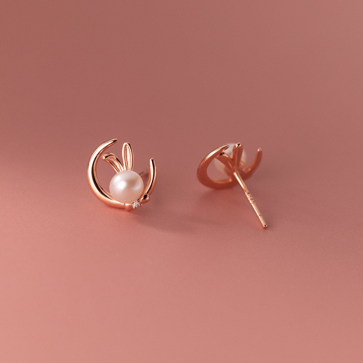 Rose Gold Bunny Stud Earrings, Crescent Moon Bunny Studs, Dainty Rabbit Earrings, Minimalist Bunny Earring, Gift for her, GE226