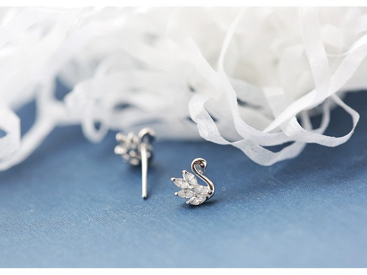 S925 Silver CZ Swan Earrings, Dainty Small Swan Studs, Delicate Crystal Swan Earring, Minimalist Earring, Gift for her, GE230