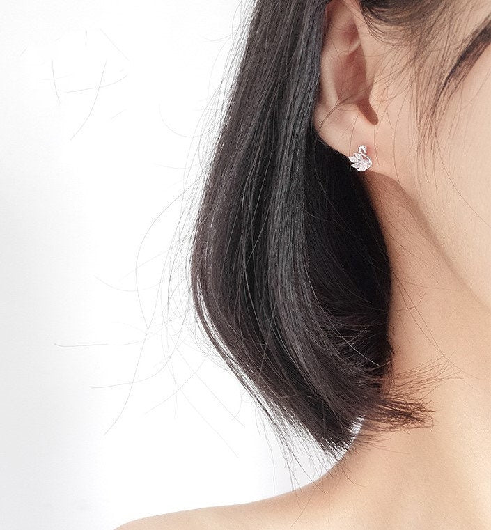 S925 Silver CZ Swan Earrings, Dainty Small Swan Studs, Delicate Crystal Swan Earring, Minimalist Earring, Gift for her, GE230