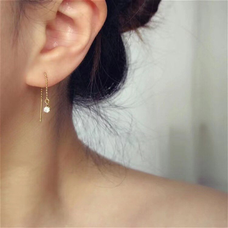 14k Gold Vermeil CZ Ball Chain Threader Earring, Ball Chain Tassel Earring, Dainty CZ Dangle Earring, Round CZ Ball Chain Drop Earring GE243