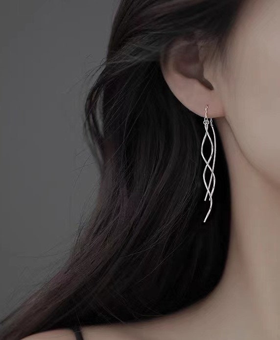 Rose Gold Vermeil Spiral Tassel Earring, 925 Silver Wave Threader Earrings, Silver Dangle Earrings, Minimalist Earrings, Gift for her, GE247
