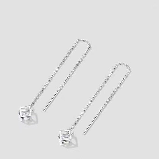 Sterling Silver CZ Magic Cube Threader Earrings, Dainty CZ Cube Tassel Earrings, Minimalist Long Dangle & Drop Earrings, Gift for her, GE253