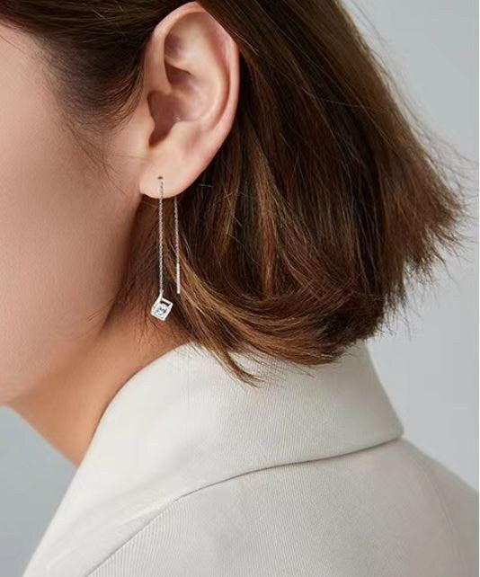 Sterling Silver CZ Magic Cube Threader Earrings, Dainty CZ Cube Tassel Earrings, Minimalist Long Dangle & Drop Earrings, Gift for her, GE253