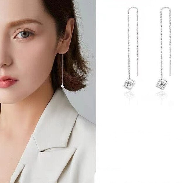 Sterling Silver CZ Magic Cube Threader Earrings, Dainty CZ Cube Tassel Earrings, Minimalist Long Dangle & Drop Earrings, Gift for her, GE253