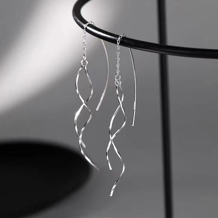 Rose Gold Vermeil Spiral Tassel Earring, 925 Silver Wave Threader Earrings, Silver Dangle Earrings, Minimalist Earrings, Gift for her, GE247