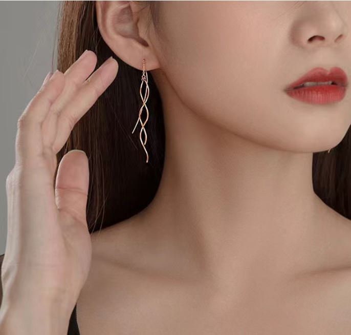 Rose Gold Vermeil Spiral Tassel Earring, 925 Silver Wave Threader Earrings, Silver Dangle Earrings, Minimalist Earrings, Gift for her, GE247