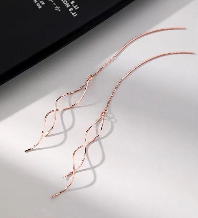 Rose Gold Vermeil Spiral Tassel Earring, 925 Silver Wave Threader Earrings, Silver Dangle Earrings, Minimalist Earrings, Gift for her, GE247