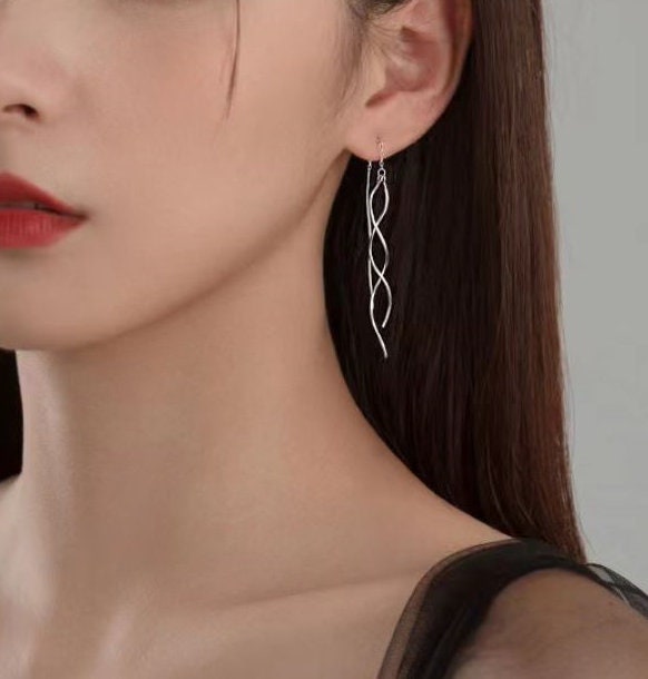 Rose Gold Vermeil Spiral Tassel Earring, 925 Silver Wave Threader Earrings, Silver Dangle Earrings, Minimalist Earrings, Gift for her, GE247