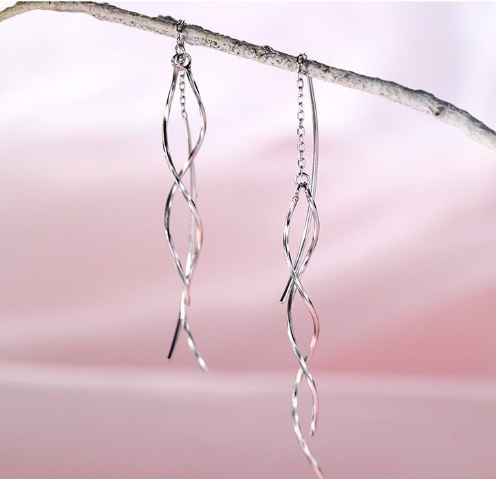 Rose Gold Vermeil Spiral Tassel Earring, 925 Silver Wave Threader Earrings, Silver Dangle Earrings, Minimalist Earrings, Gift for her, GE247