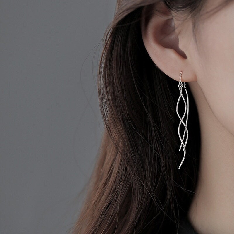 Rose Gold Vermeil Spiral Tassel Earring, 925 Silver Wave Threader Earrings, Silver Dangle Earrings, Minimalist Earrings, Gift for her, GE247