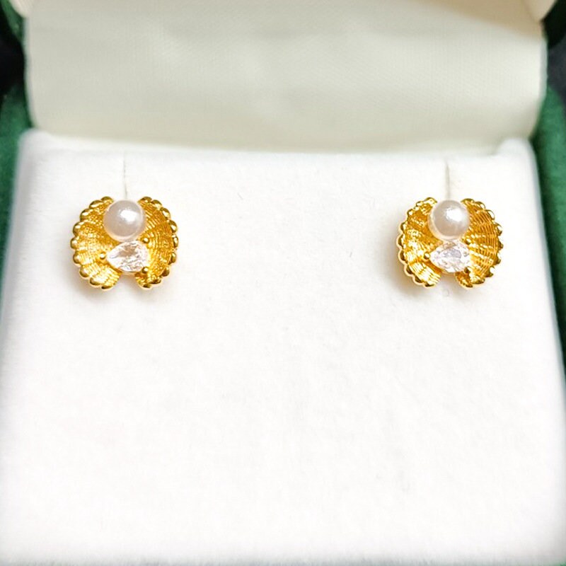 18k Gold Vermeil Pearl Shell Earrings, Pearl & Teardrop CZ paving Shell Earrings, Minimalist Pearl Earrings, Gift for her, GE250