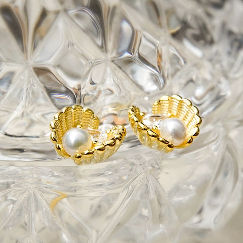 18k Gold Vermeil Pearl Shell Earrings, Pearl & Teardrop CZ paving Shell Earrings, Minimalist Pearl Earrings, Gift for her, GE250