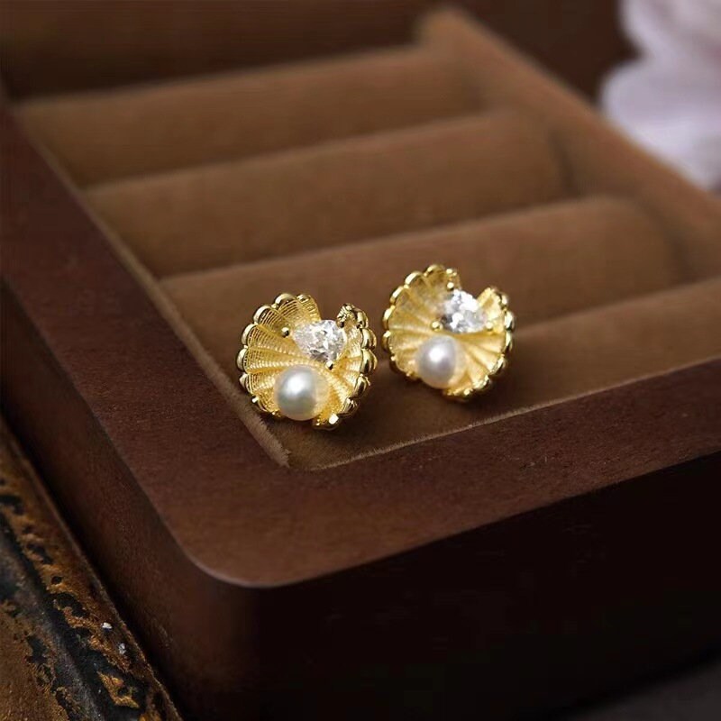 18k Gold Vermeil Pearl Shell Earrings, Pearl & Teardrop CZ paving Shell Earrings, Minimalist Pearl Earrings, Gift for her, GE250