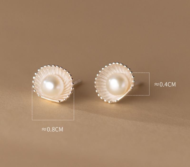 925 Silver Shell Pearl Stud Earrings, Minimalist Shell-shaped Earring, Pearl Paving Shell Earring, Pearl Shell Studs, Gift for her, GE255