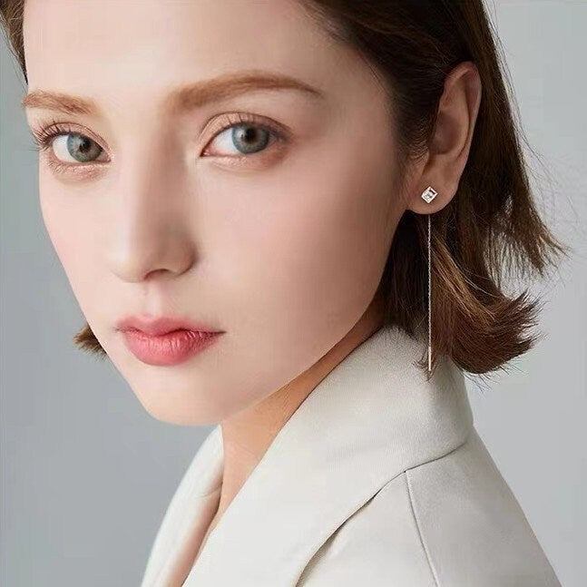 Sterling Silver CZ Magic Cube Threader Earrings, Dainty CZ Cube Tassel Earrings, Minimalist Long Dangle & Drop Earrings, Gift for her, GE253