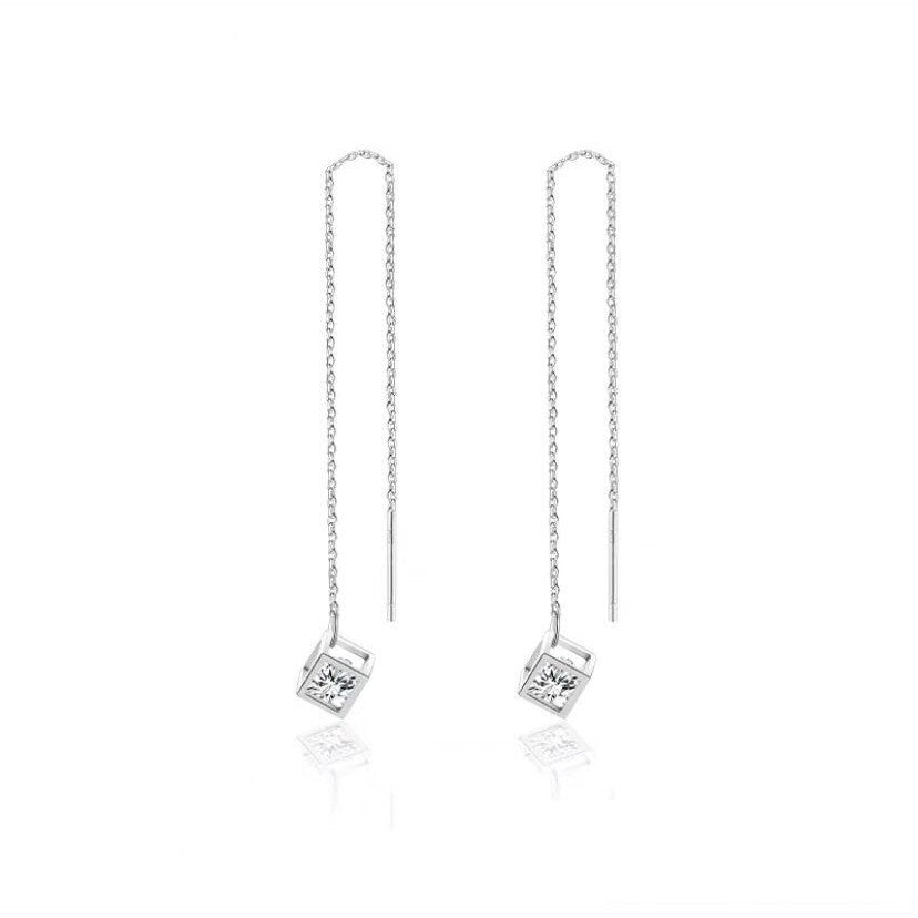 Sterling Silver CZ Magic Cube Threader Earrings, Dainty CZ Cube Tassel Earrings, Minimalist Long Dangle & Drop Earrings, Gift for her, GE253