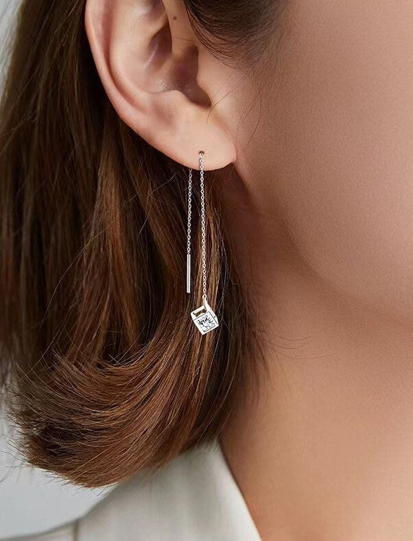 Sterling Silver CZ Magic Cube Threader Earrings, Dainty CZ Cube Tassel Earrings, Minimalist Long Dangle & Drop Earrings, Gift for her, GE253