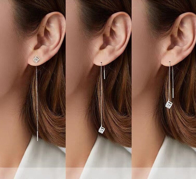 Sterling Silver CZ Magic Cube Threader Earrings, Dainty CZ Cube Tassel Earrings, Minimalist Long Dangle & Drop Earrings, Gift for her, GE253