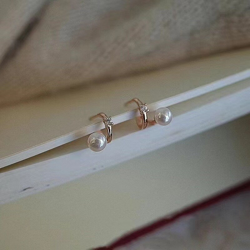 14k Rose Vermeil Pearl Stud Earrings, Pearl & Tiny CZ Curve Geometry Earrings, Half Circle Pearl Earring, Minimalist, Gift for her, GE265