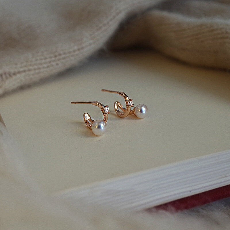 14k Rose Vermeil Pearl Stud Earrings, Pearl & Tiny CZ Curve Geometry Earrings, Half Circle Pearl Earring, Minimalist, Gift for her, GE265