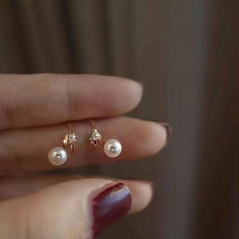 14k Rose Vermeil Pearl Stud Earrings, Pearl & Tiny CZ Curve Geometry Earrings, Half Circle Pearl Earring, Minimalist, Gift for her, GE265