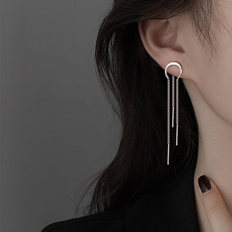 Sterling Silver Moon Threader Earrings, Silver Moon Tassel Earrings, Dangle & Drop Earrings, Minimalist Long Earrings, Gift for her, GE266