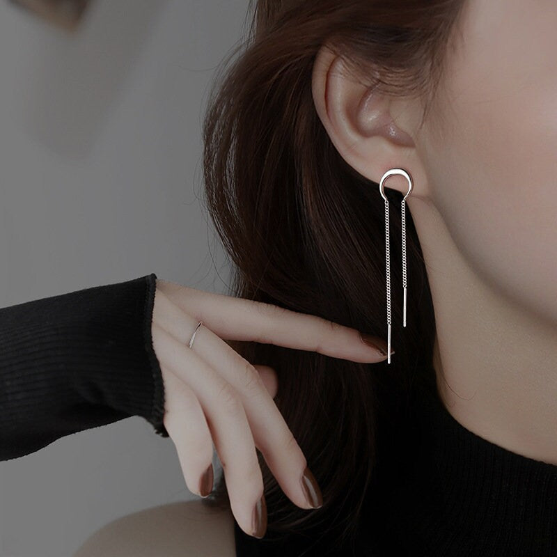 Sterling Silver Moon Threader Earrings, Silver Moon Tassel Earrings, Dangle & Drop Earrings, Minimalist Long Earrings, Gift for her, GE266