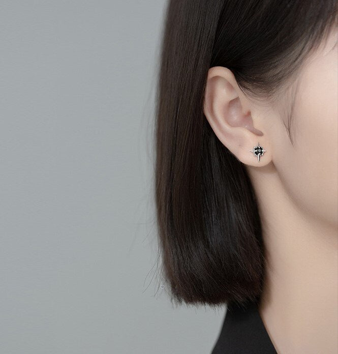 Black CZ Star Stud Earrings, 925 Silver CZ Astral Earrings, Black North Star Earrings, Minimalist Star Earrings, Gift for her/Him, GE272